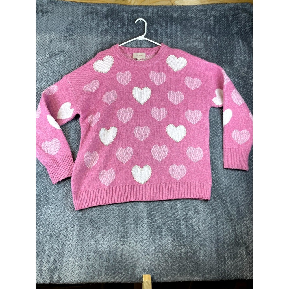 Pink Rose Knit Sweater Womens XL Pink White Love Heart Graphic Beaded Crew Neck